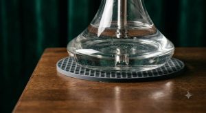 Unstable hookah leaning on lounge table showing high center of gravity tipping risk