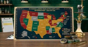 US map infographic showing hookah lounge license types and regulations by state