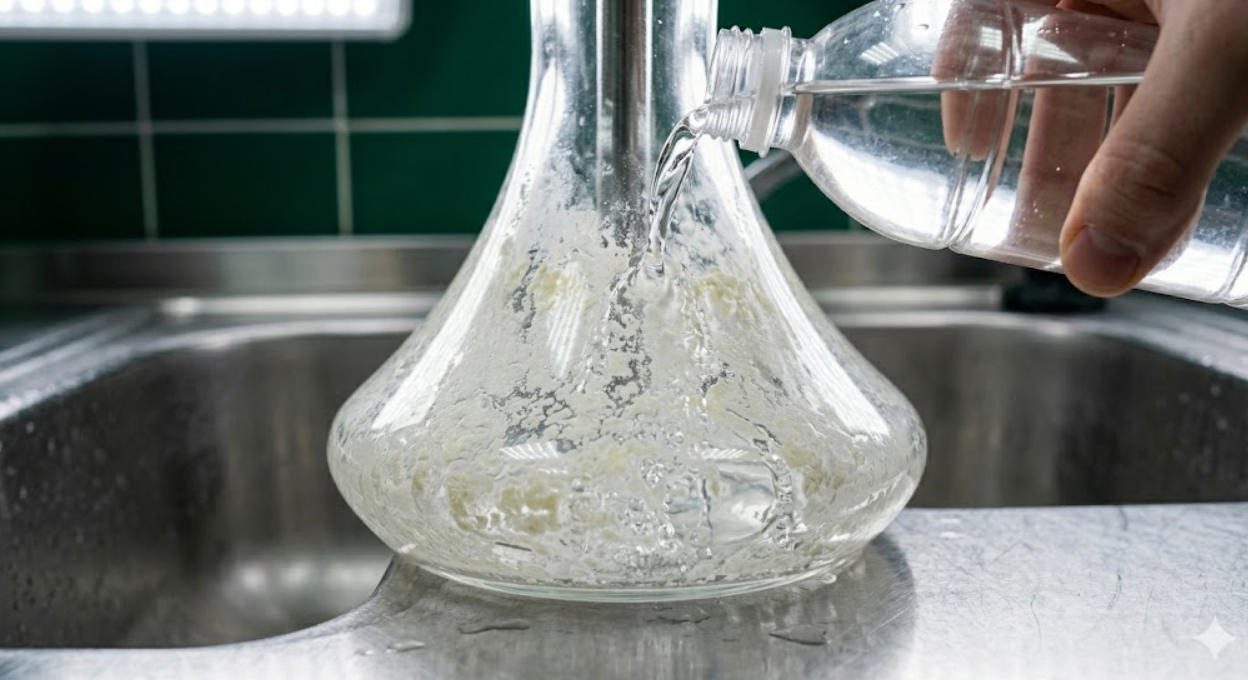 White vinegar soaking inside hookah base to dissolve limescale deposits