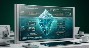 Visible versus hidden costs iceberg diagram showing underwater portion as hidden costs
