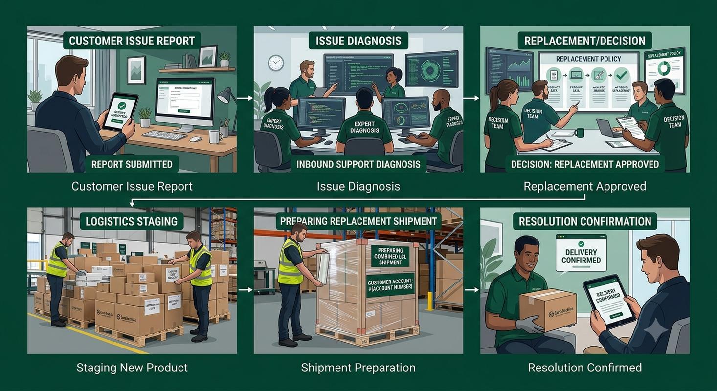 After-sales support flow from customer issue reporting to diagnosis and replacement