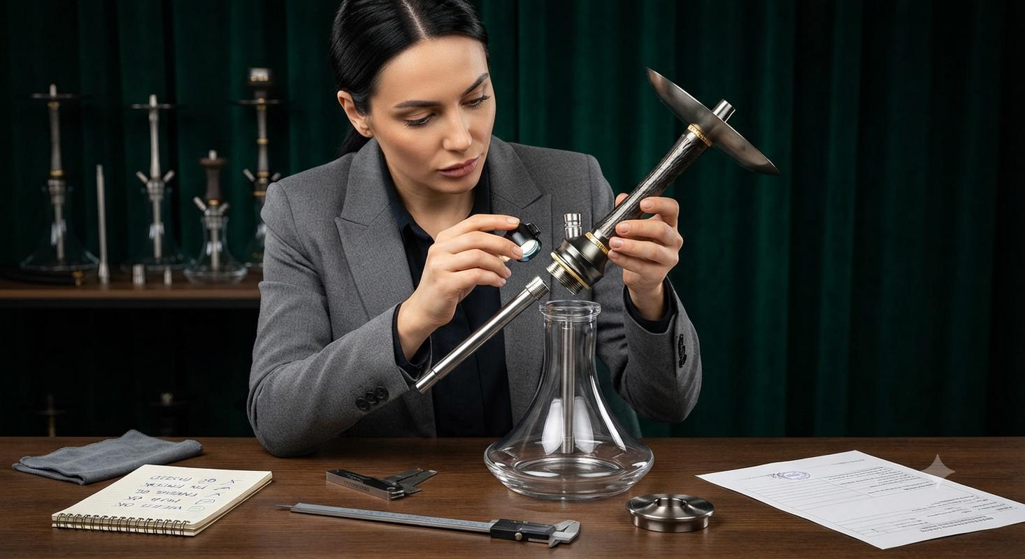Buyer evaluating hookah sample craftsmanship and quality before bulk commitment