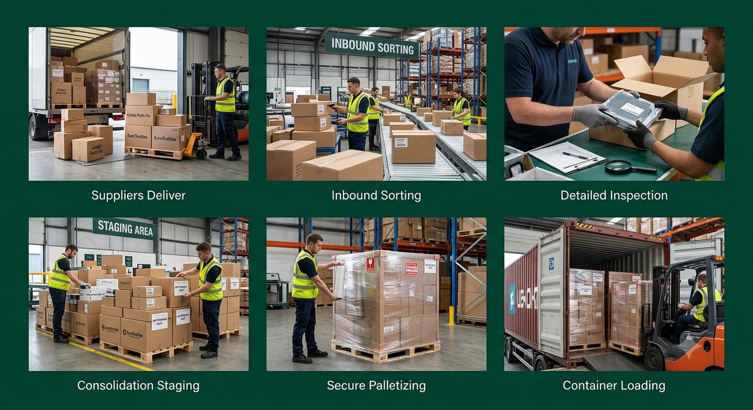Consolidated container loading process combining multiple supplier products into one container