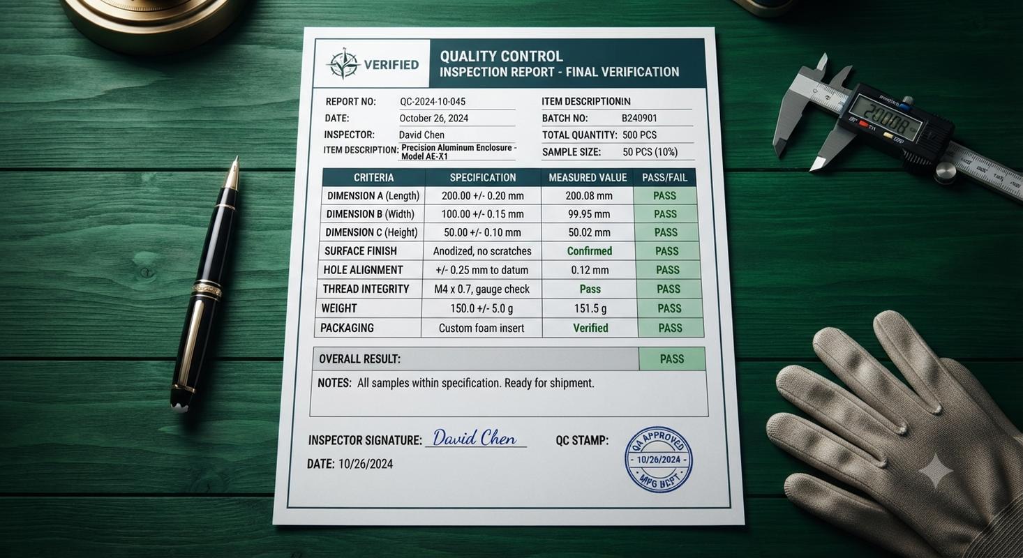 Final quality inspection report showing check items, standards, and pass/fail results