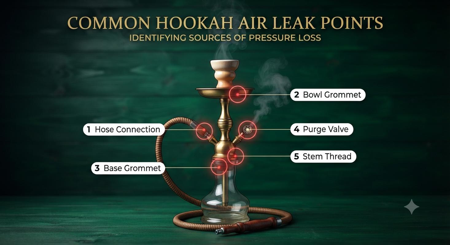 Five common hookah air leak points labeled on diagram for systematic troubleshooting