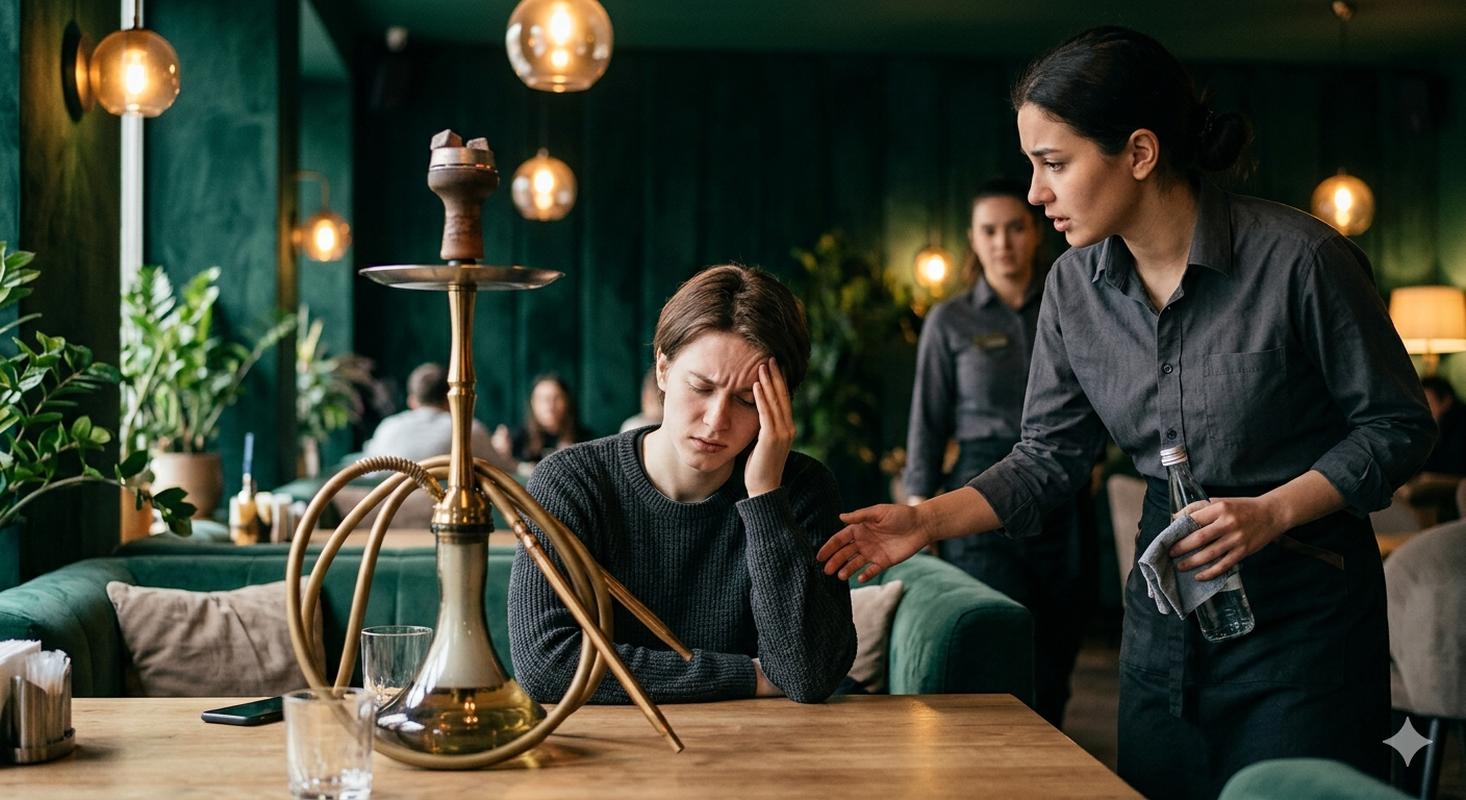 Guest showing hookah sickness symptoms including dizziness and nausea at lounge