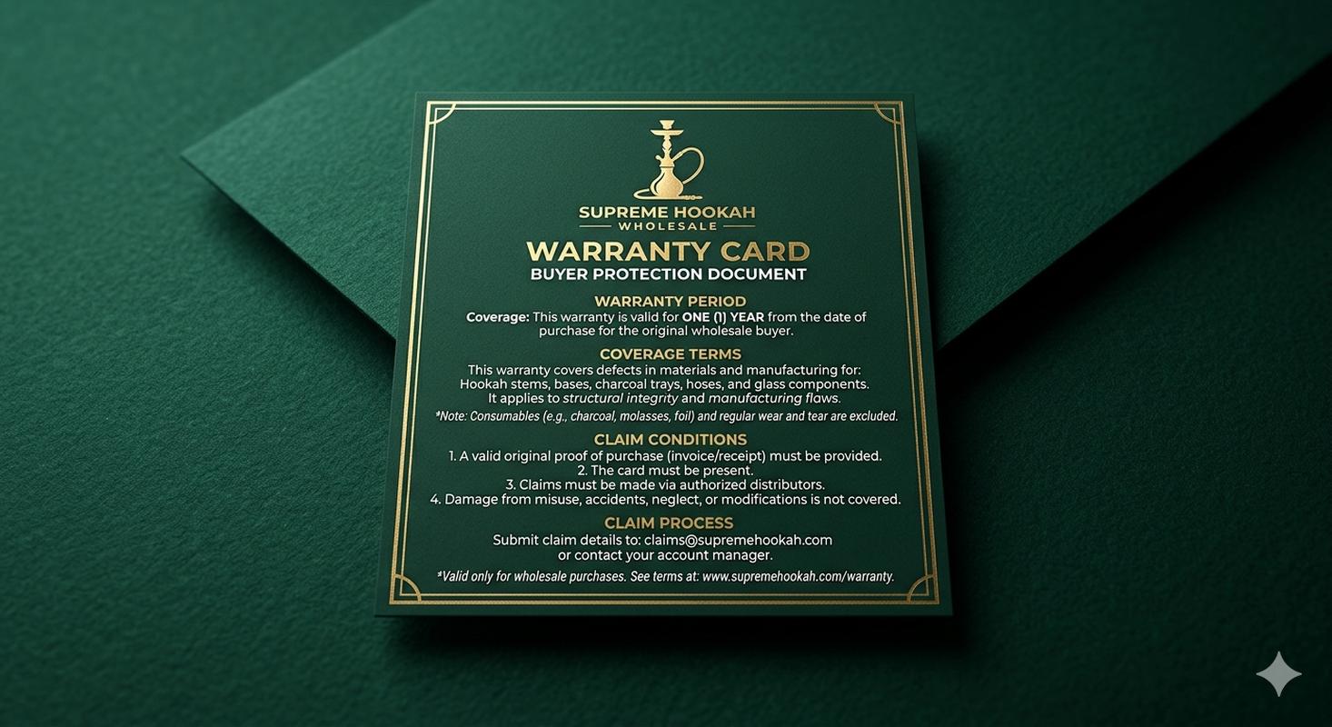 Hookah wholesale warranty card showing coverage period and terms