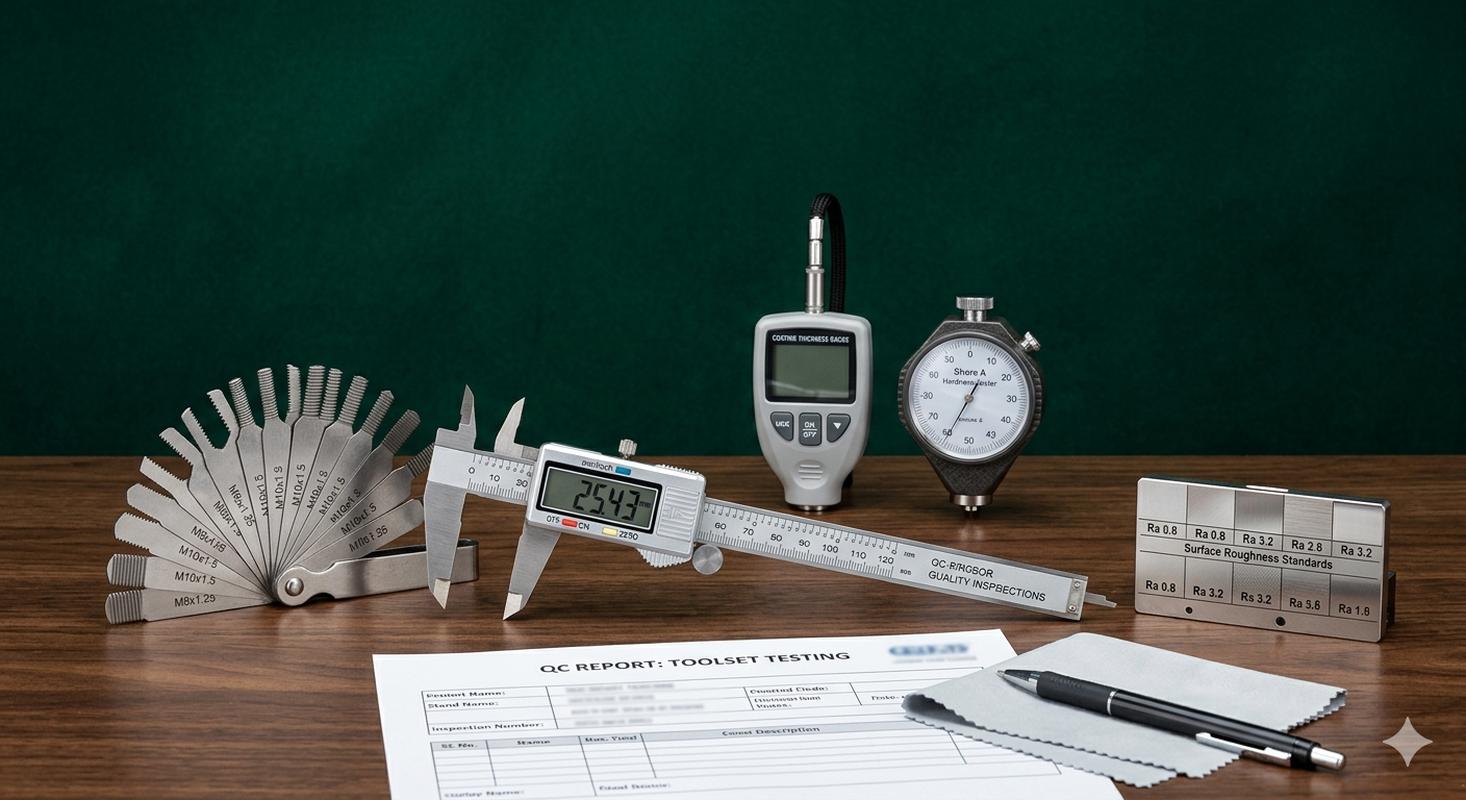 Quality inspection tools including caliper, thickness gauge, and hardness tester