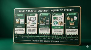 Sample order timeline from inquiry to receipt showing 15-20 day process