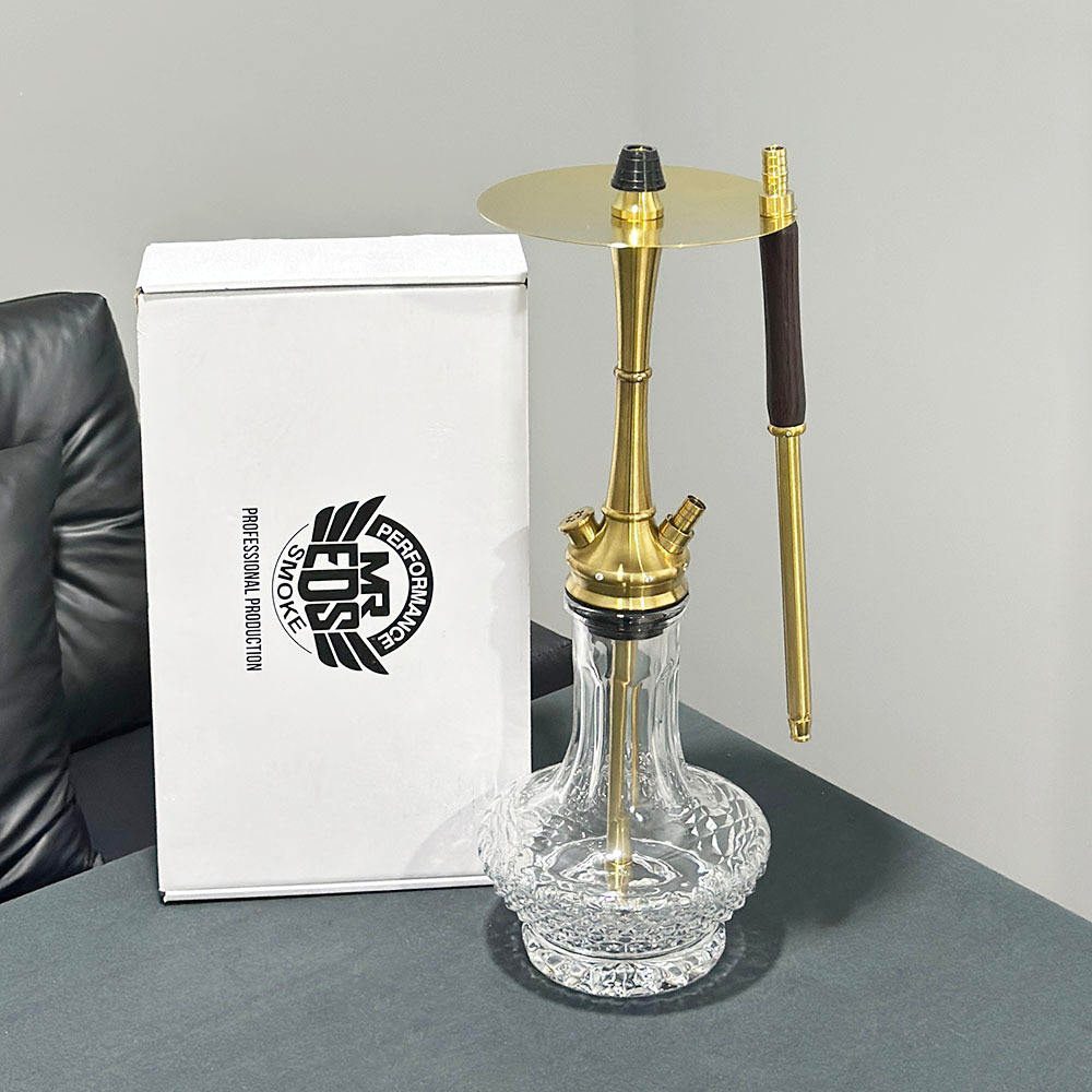 Detailed view of the CNC machined stem and custom handle design of Mr Eds E14 Diamond Glass Base Hookah.